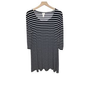 CHICO'S Women's Stripe Stretch Knit Knee Length Casual Dress Black White 2 10/12